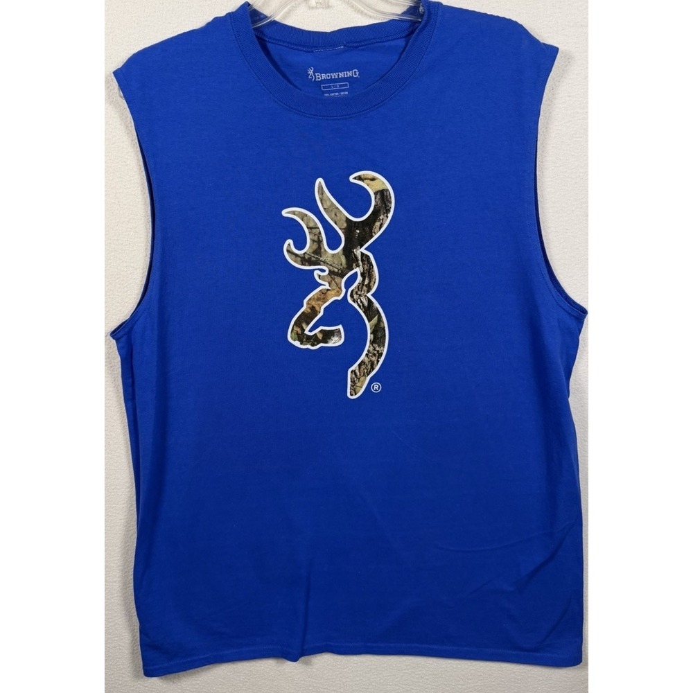 Browning‎ Mens, Large, Sleeveless T-Shirt Blue Camo Buckmark Logo Muscle Tee